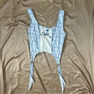 Graphic Blue & White Tank Crop Top